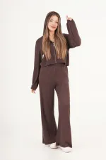 Modal Hırka Pantolon Crop Kahve Toptan Üçlü Takım