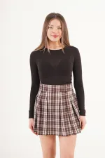 Pileli Yüksek Bel Astarı Şortlu Toptan Bej Mini Etek