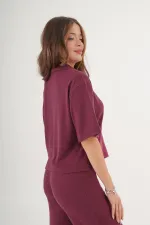 Gömlek Yaka Kısa Kol Bordo Toptan Bluz