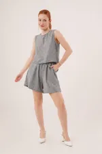 Arkası Düğme Detaylı Bluz Ve Cepli Şort İkili Toptan Antrasit Takım