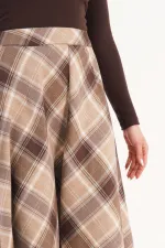 Kareli Yüksek Bel Trend Bej Toptan Etek