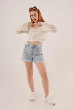 Ön Bağlamalı Ajurlu Crop Toptan Krem Hırka