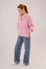 Yarasa Kol Çizgili Cep Detaylı Toptan Pembe Gömlek
