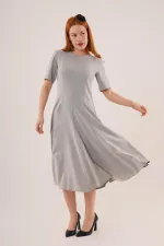 Dikiş Detaylı Kısa Kollu Toptan Gri Uzun Elbise