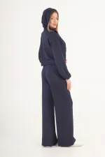 Modal Hırka Pantolon Crop Lacivert Toptan Üçlü Takım