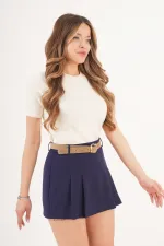 Kemerli Piliseli Lacivert Mini Şort Etek