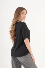 Dikiş Detaylı Bisiklet Yaka Toptan Siyah Tişört