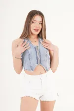 Distressed Beyaz Denim Toptan Şort