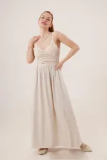 Ajurlu Askılı Belden Oturtmalı Toptan Maxi Krem Elbise