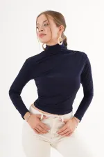 Omuz Ve Bel Büzgülü Dik Yaka Toptan Lacivert Bluz