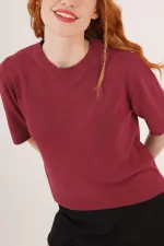 Yarım Kol Yuvarlak Yaka Likralı Toptan İnce Bordo Triko Bluz