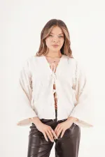 Saçaklı İp Bağlamalı Toptan Ekru Kimono