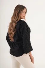 Full Saçaklı İp Bağlamalı Toptan Siyah Kimono