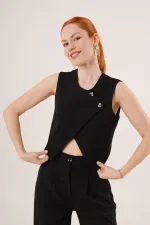 Double Buttoned Cross Model Black Wholesale Vest