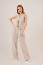 Ön Bağlama Detaylı Yelek Ve Pantolon Taş Toptan İkili Takım