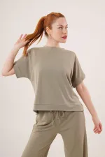 Modal Kısa Kollu Üst Ve Geniş Paça Eşofman İkili Toptan Yağ Yeşili Takım