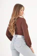 Göğüs Drapeli V Yaka Kahve Toptan Bluz