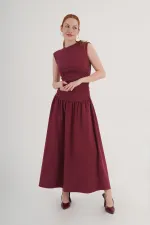 Beli Büzgülü Bordo Toptan Elbise