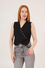 V-Neck Buttoned Triangle Cut Wholesale Black Vest