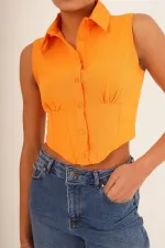 Korse Detay Kısa Kollu Toptan Oranj Gömlek