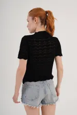 Knitted Model Short Sleeve Wholesale Black Knitwear Blouse