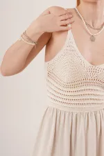 Ajurlu Askılı Belden Oturtmalı Toptan Maxi Krem Elbise