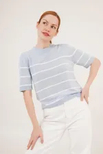 Çizgili Kısa Kol Bebe Mavisi Toptan Bluz