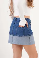 Ucu Katlama Detaylı Mavi Mini Denim Etek