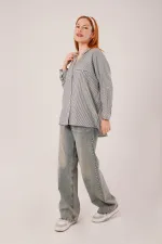 Cep Detay Gri Oversize Çizgili Toptan Gömlek