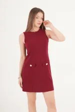 Belden Oturtmalı Ön Dikişli Bordo Toptan Mini Elbise