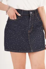 Taş İşlemeli Işıltılı Koyu Kot Toptan Mini Denim Etek