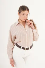 Wholesale Beige Shirts with Pockets and Double Stripe Drape