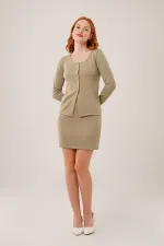 Çizgili Etek Düğmeli Bluz Toptan Haki Takım