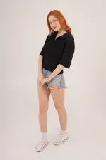 Chemisier noir ajouré à col polo en gros