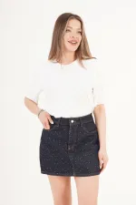 Taş İşlemeli Işıltılı Koyu Kot Toptan Mini Denim Etek