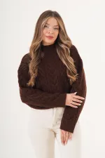 Spiral Knit Patterned Knitted Sweater in Coffee Brown - Wholesale
