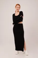 Kare Yaka Bluz Ve Yırtmaç Detaylı Etek Toptan İkili Siyah Takım