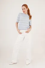 Çizgili Kısa Kol Bebe Mavisi Toptan Bluz