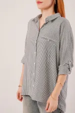 Cep Detay Gri Oversize Çizgili Toptan Gömlek