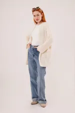 Cepli Salaş Model Triko Uzun Toptan Krem Hırka