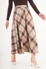 Kareli Yüksek Bel Trend Bej Toptan Etek