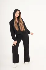 Modal Hırka Pantolon Crop Siyah Toptan Üçlü Takım