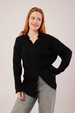 Hakim Yaka Çizgili Cep Detaylı Toptan Siyah Gömlek