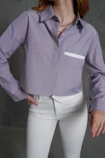 Uzun Cepli Çizgili Mor Toptan Gömlek