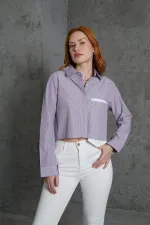 Uzun Cepli Çizgili Mor Toptan Gömlek