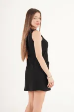 Belden Oturtmalı Ön Dikişli Siyah Toptan Mini Elbise