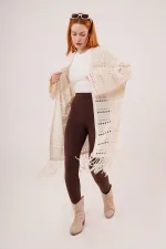 Cardigan long en maille perforée à pompons de transition, couleur crème, en gros