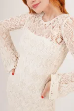 Openwork Boat Neck Wholesale Ecru Dress