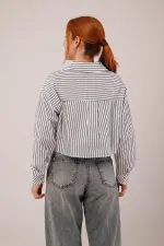 Crop Model Cepli Ve Çizgili Beyaz Toptan Gömlek