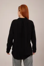 Hakim Yaka Çizgili Cep Detaylı Toptan Siyah Gömlek